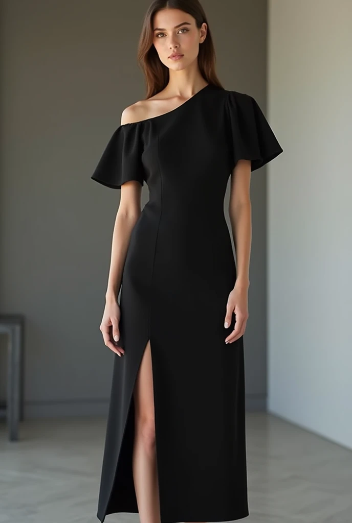 Black midi dress, with a slit that starts mid-thigh, With short sleeve, crepe fabric, Female One
