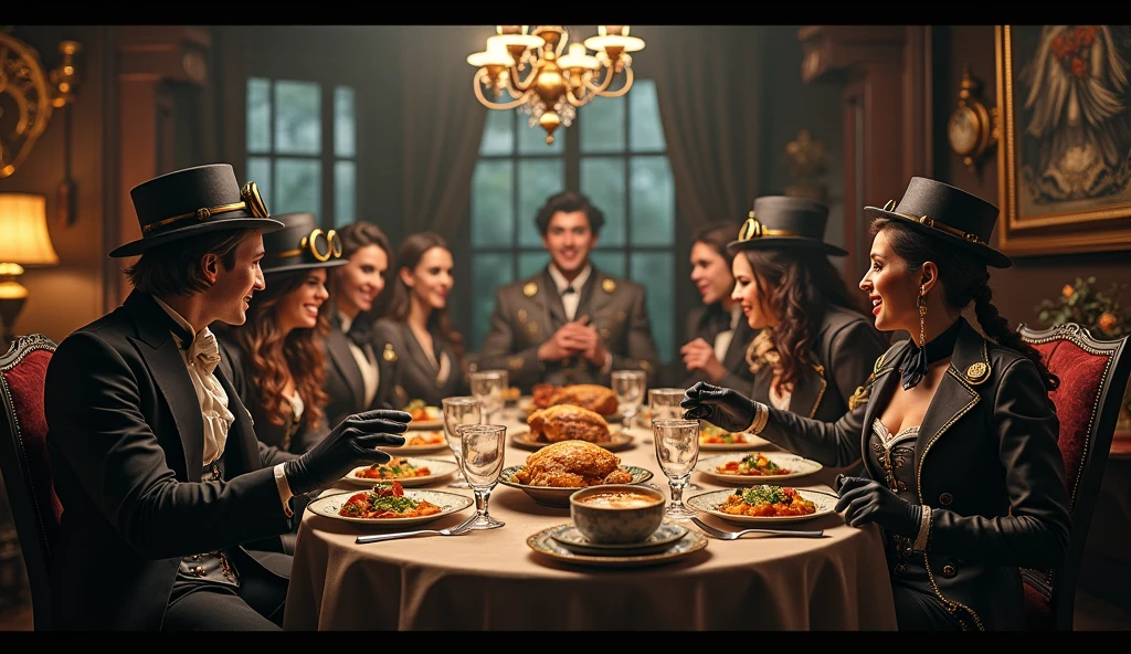 people in steampunk clothes in a dimly lit house happily eating food