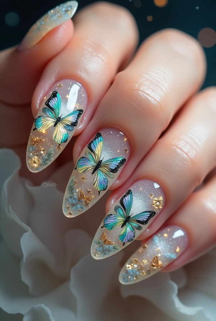 Make me nails inspired by buttefly, glass and has 3D effects