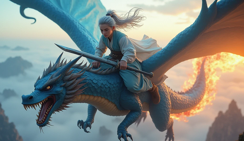 Young cultivator with gray hair, riding a black fire-breathing dragon with blue wings and carrying a black and blue sword.