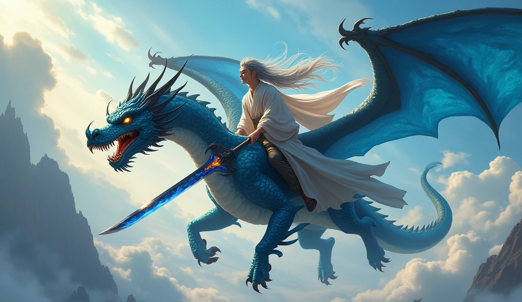 Young cultivator with gray hair, riding a black fire-breathing dragon with blue wings and carrying a black and blue sword.