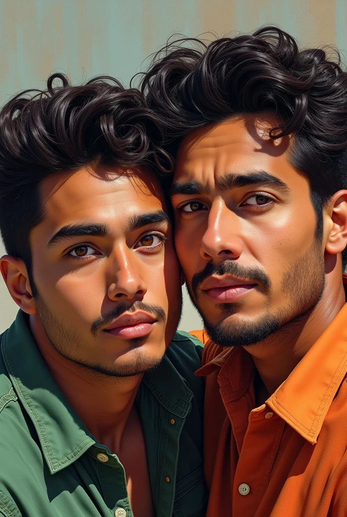 Draw a 2 Mexican man with light brown skin and thick lips, upturned nose and thick eyebrows, of Mexican roots from Sonora with voluminous hair and light brown eyes