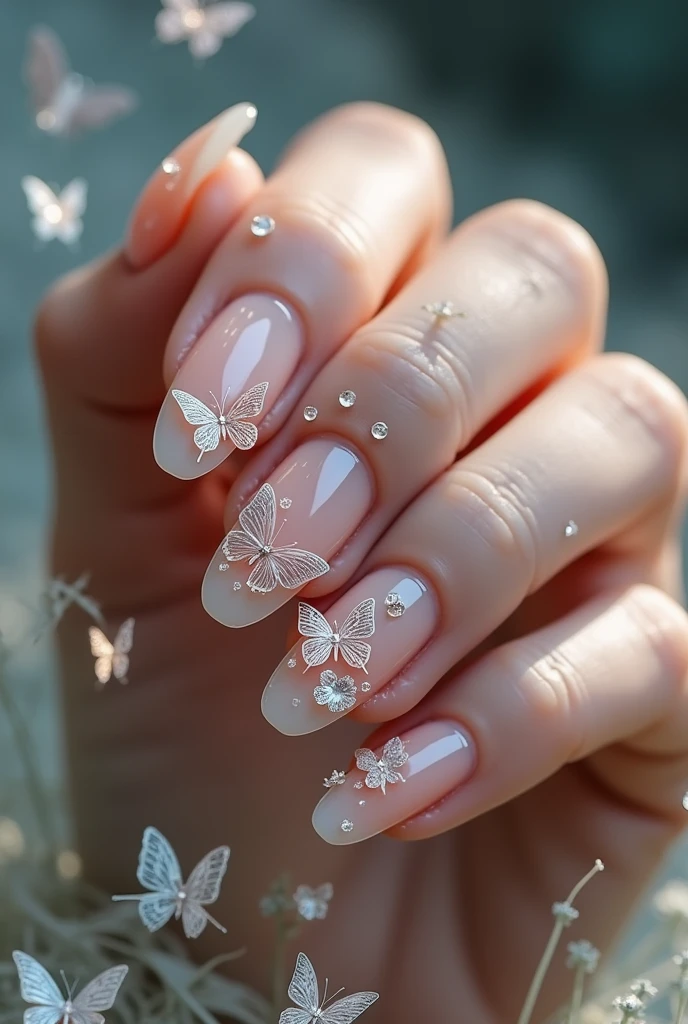 Make me nails inspired by buttefly, glass and has 3D effects