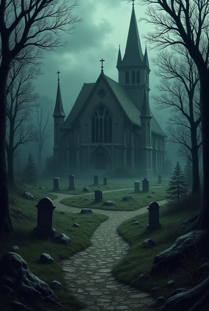 map of a village with an old church, a cemetery and the forest around the village in dark theme