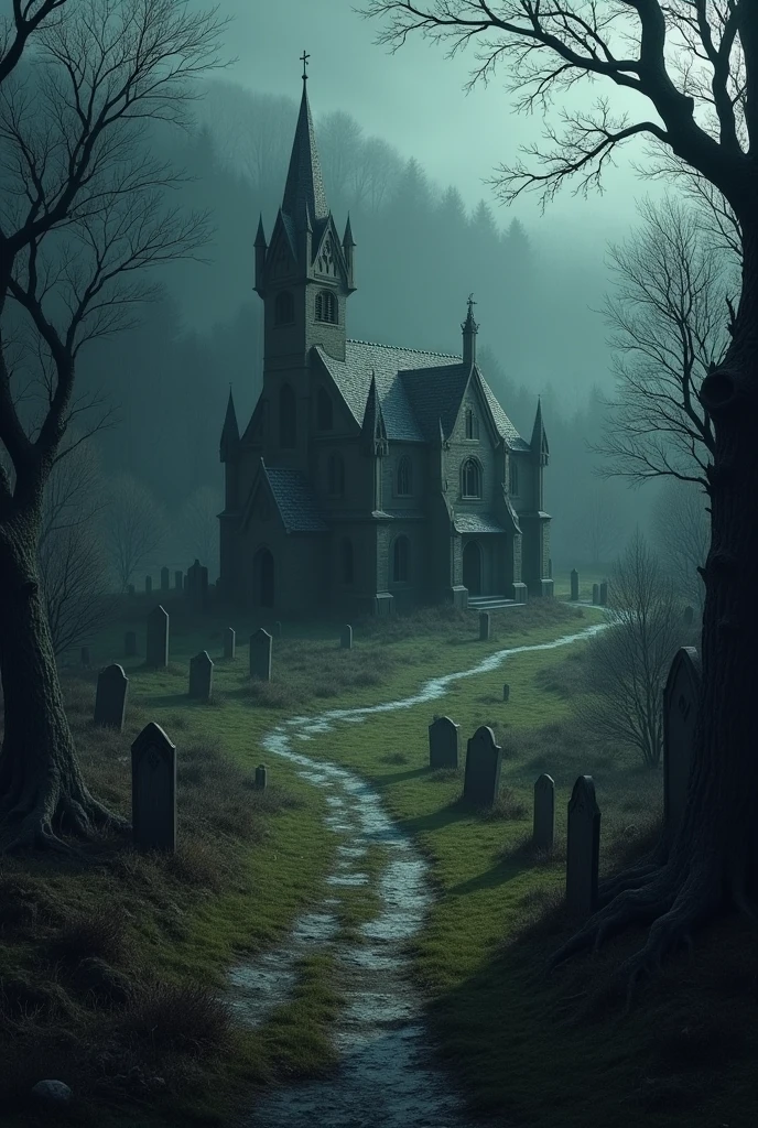 map of a village with an old church, a cemetery and the forest around the village in dark theme