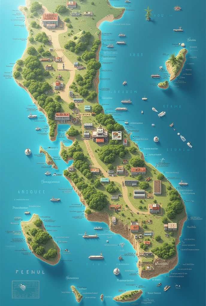 Create a map of the Antilles islands as a single developed state and call it Antillania and also be a highly developed country in technology, Fishing and livestock in the Antilles on the joint map that should only include are : (Monserrat, snows, Antigua, bermuda, marie galat, san cristobal, guadalupe) 