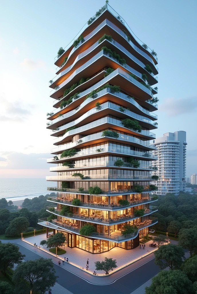 Create a realistic image of a modern building located in Mar del Plata, Argentina, where the César Pelli towers currently stand. The building features a commercial ground floor with shops and restaurants, blending seamlessly with the urban surroundings. Above the commercial base, there are two distinct volumes: one is a stepped, horizontal structure designed as a hotel, with wide terraces and green spaces on each level, giving it a cascading effect. The other volume is a residential tower with a more vertical design, featuring spacious balconies and large windows that capture ocean views. Both structures are modern and integrate well with the coastal environment, combining luxury with a functional design. THEY HAVE TO BE TWO SEPARATES VOLUMES, ONE FOR THE HOTEL AND THE OTHERONE FOR THE APARTMENTS