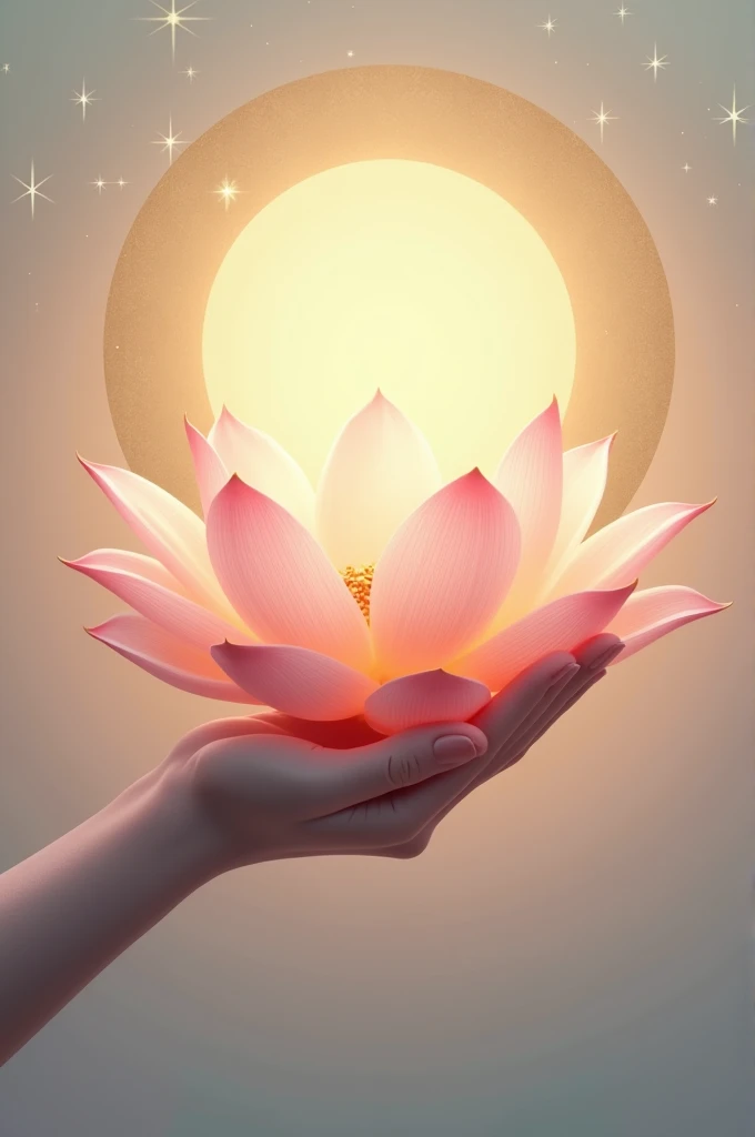 Une fleur de lotus imaginée et repensée bien plus jolie et aux pétales arrondie et doux au centre de cercle doré lumineux avec des paillettes et étincelle il n'y aura pas de fond externe au cercle et le fond du cercle sera dans des couleurs pastel qui font ressortir la fleur de lotus une jolie main délicate et élégante en dessous fait flotter la fleur