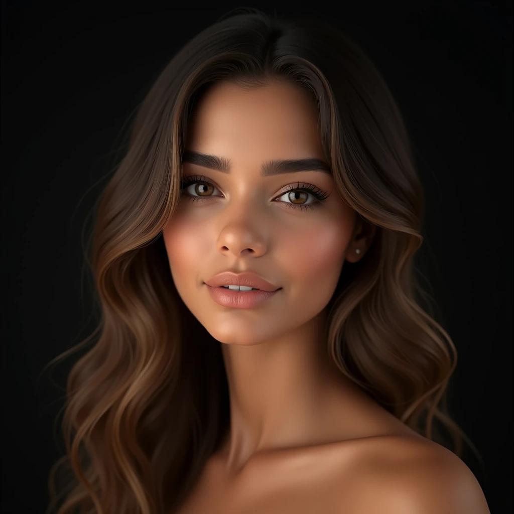 "Create a hyperrealistic portrait of an 1 Latina female model, slightly tanned white skin, She is beautiful and has delicate features. The model has a face with delicate features. Her eyes are beautiful, well defined light brown color, almond-shaped and a soft light brown color, framed by long dark eyelashes. She has finely arched eyebrows that complement the delicate structure of her face.. His nose is small and elegant, and her lips are full with a soft natural brown tone. Her hair is long, wavy and light brown, falling gently on his shoulders. The expression on her face is serene and graceful., with a slight hint of a smile. The background must be black, professional study, Professional lighting enhances and highlights the focus on your delicate features. The lighting is soft and even, highlighting the subtle contours of your face, giving the image a warm and cozy feel. maxima defincion