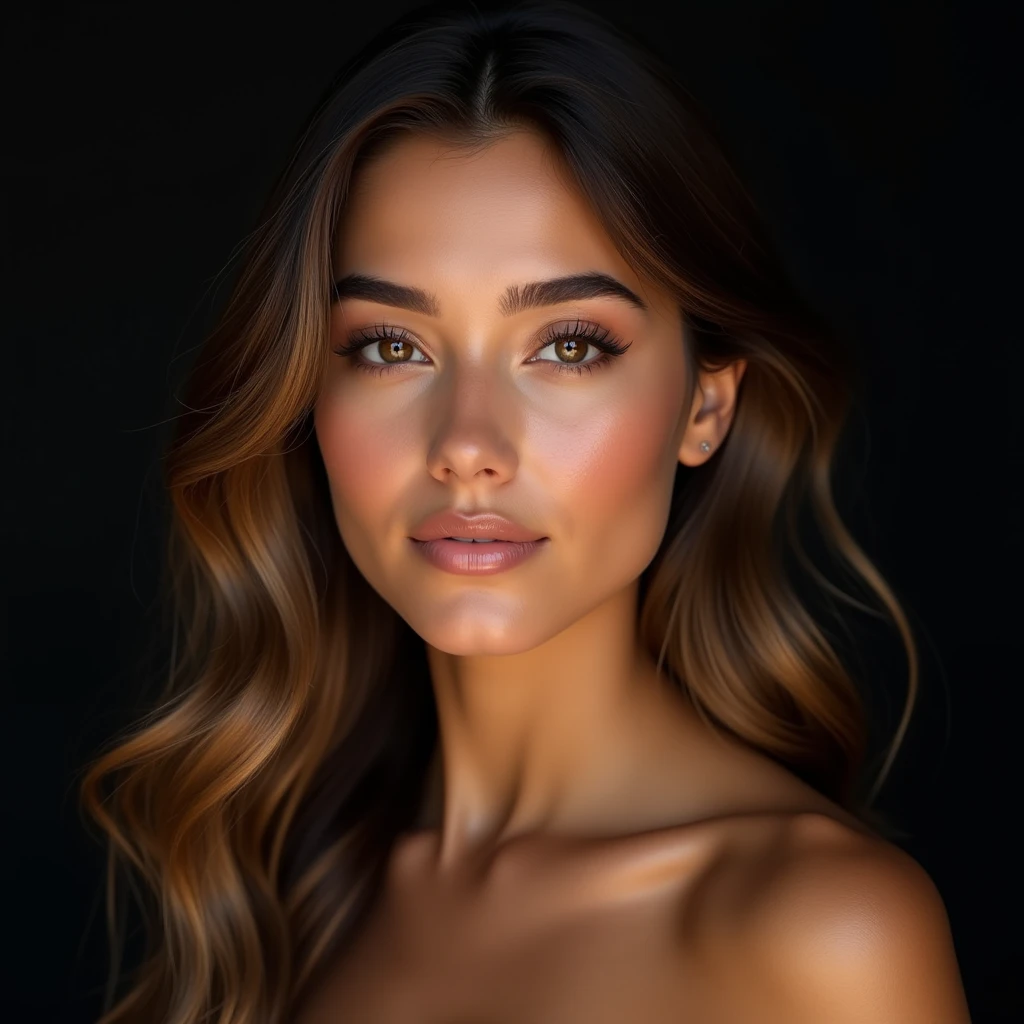 "Create a hyperrealistic portrait of an 1 Latina female model, slightly tanned white skin, She is beautiful and has delicate features. The model has a face with delicate features. Her eyes are beautiful, well defined light brown color, almond-shaped and a soft light brown color, framed by long dark eyelashes. She has finely arched eyebrows that complement the delicate structure of her face.. His nose is small and elegant, and her lips are full with a soft natural brown tone. Her hair is long, wavy and light brown, falling gently on his shoulders. The expression on her face is serene and graceful., with a slight hint of a smile. The background must be black, professional study, Professional lighting enhances and highlights the focus on your delicate features. The lighting is soft and even, highlighting the subtle contours of your face, giving the image a warm and cozy feel. maxima defincion
