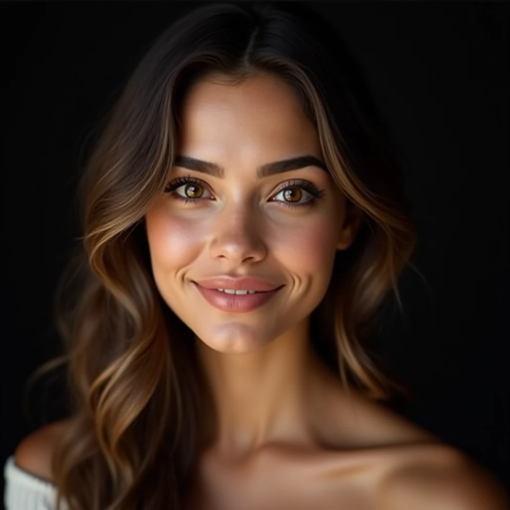 "Create a hyperrealistic portrait of an 1 Latina female model, slightly tanned white skin, She is beautiful and has delicate features. The model has a face with delicate features. Her eyes are beautiful, well defined light brown color, almond-shaped and a soft light brown color, framed by long dark eyelashes. She has finely arched eyebrows that complement the delicate structure of her face.. His nose is small and elegant, and her lips are full with a soft natural brown tone. Her hair is long, wavy and light brown, falling gently on his shoulders. The expression on her face is serene and graceful., with a slight hint of a smile. The background must be black, professional study, Professional lighting enhances and highlights the focus on your delicate features. The lighting is soft and even, highlighting the subtle contours of your face, giving the image a warm and cozy feel. maxima defincion