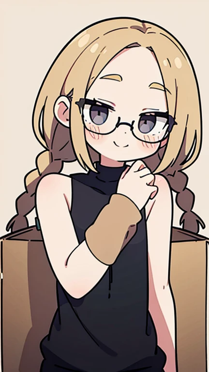 Beige hair color, center parted bangs, forehead exposed, no hair on the sides of the face, large glasses, black sleeveless hoodie, bob hair with reduced volume, long braids on both sides from the nape of the neck to below the chest, holding a large cardboard box in both hands, gray eyes, shy smile, choker, adult woman, blushing cheeks, beautiful, black sleeveless hoodie, bare shoulders