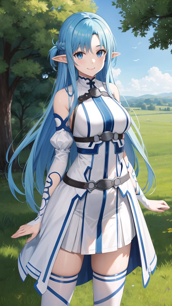 masterpiece, best quality, highres, bbasuna, long hair, blue hair, blue eyes, pointy ears, white dress, detached sleeves, blue thighhighs, standing, cowboy shot, outdoors, smile,