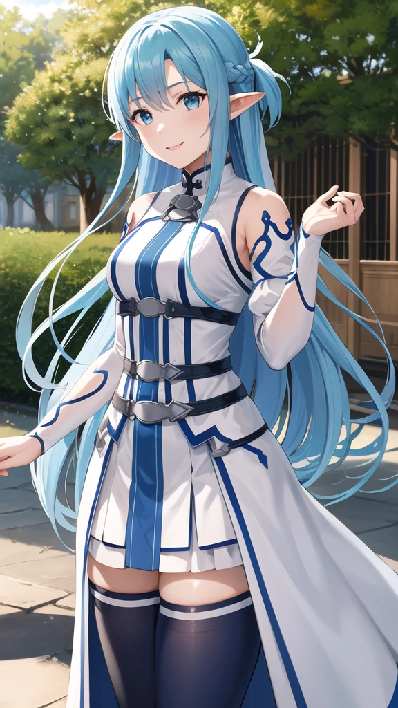 masterpiece, best quality, highres, bbasuna, long hair, blue hair, blue eyes, pointy ears, white dress, detached sleeves, blue thighhighs, standing, cowboy shot, outdoors, smile,
