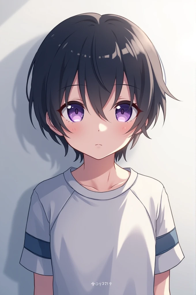 a quiet-looking 1 boy with straight black hair who wears sports clothing and has purple eyes anime style image