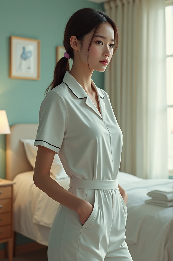 patient room background, a beautiful girl, slim and tall body, wearing nurse clothes, looks stunningly beautiful, relaxed pose, cozy, detailed 