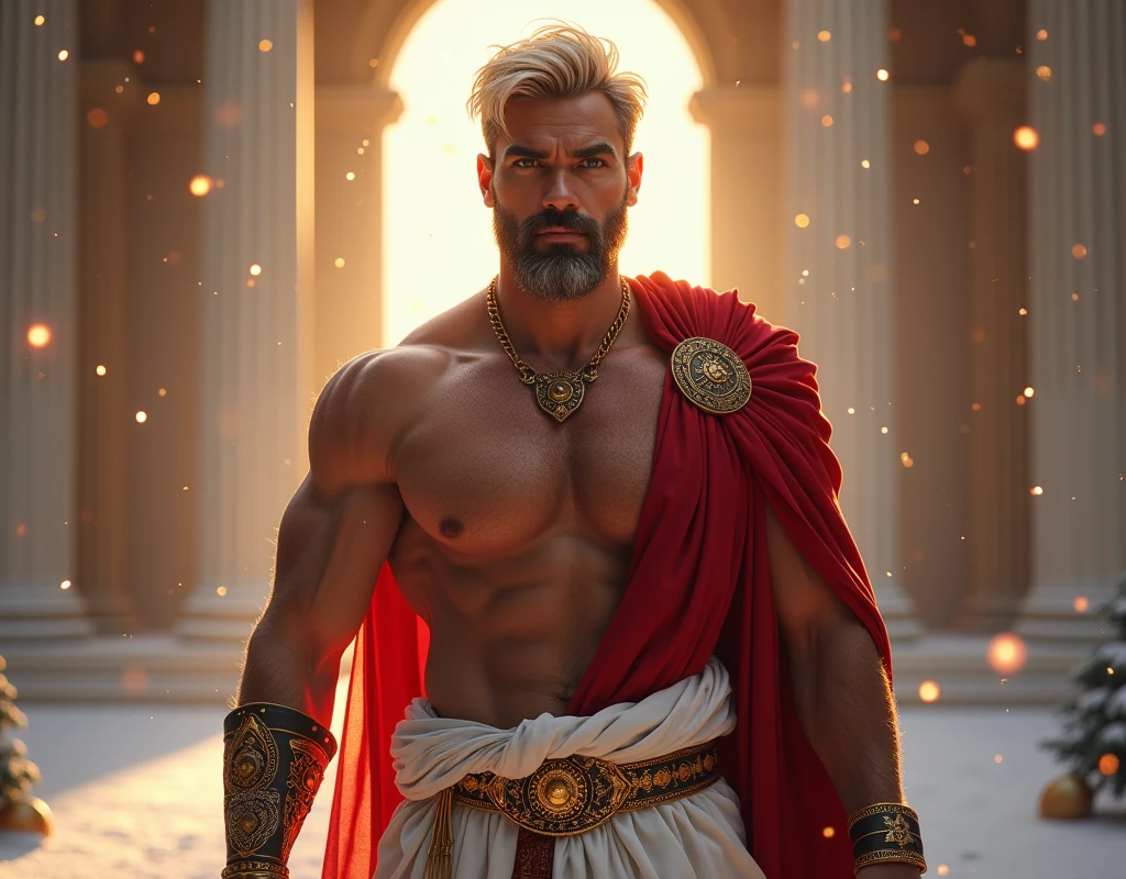 ((artwork)) ((body completo)) ((Full body inside the image)) ((30 year old man)) body: brownish skin, high, muscular, ((hairy chest)) ((platinum ruby hair)) male face, barbarian, pretty eyes, detailed eyes ((gold eyes)). Expression: seductive, sonrisa seductive. CLOTHES: Red Greek Cape, TOGA BLANCA, gold ornaments, greek prince ornaments. pose: dynamic. scene: greek temple, Greek columns. Decor: winter, Decor de winter brillante, wonderful lighting.