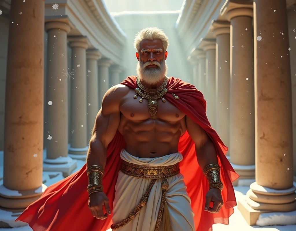 ((artwork)) ((body completo)) ((Full body inside the image)) ((30 year old man)) body: brownish skin, high, muscular, ((hairy chest)) ((platinum ruby hair)) male face, barbarian, pretty eyes, detailed eyes ((gold eyes)). Expression: seductive, sonrisa seductive. CLOTHES: Red Greek Cape, TOGA BLANCA, gold ornaments, greek prince ornaments. pose: dynamic. scene: greek temple, Greek columns. Decor: winter, Decor de winter brillante, wonderful lighting.