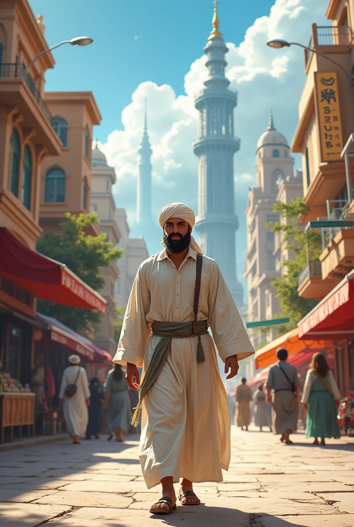 A Muslim man went for a walk in a city