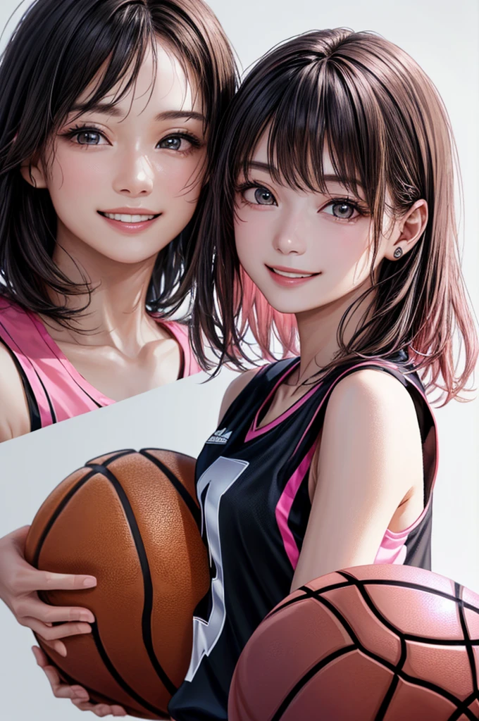 (((Highest quality、8k、32K、masterpiece)))、(Realistic)、(Realistic:1.2)、(High resolution)、Very detailed、Very beautiful face and eyes、1 person、Round and small face、Tight waist、Delicate body、(close、Highest quality、Attention to detail、Rich skin detail)、(Highest quality、8k、Oil paints:1.2)、Very detailed、(Realistic、Realistic:1.37)、Bright colors、(((Black Hair)))、(((Cowboy Shot)))、(((Medium Hair)))、(((Side Ponytail)))、(((Pure white wall background)))、(((Wearing a basketball uniform)))、(((black and pink basketball outfit)))、(((smile)))、(((1 female)))、(((Tank top style uniform)))、((Standing with one's legs crossed、Fold your arms in front of your chest)))