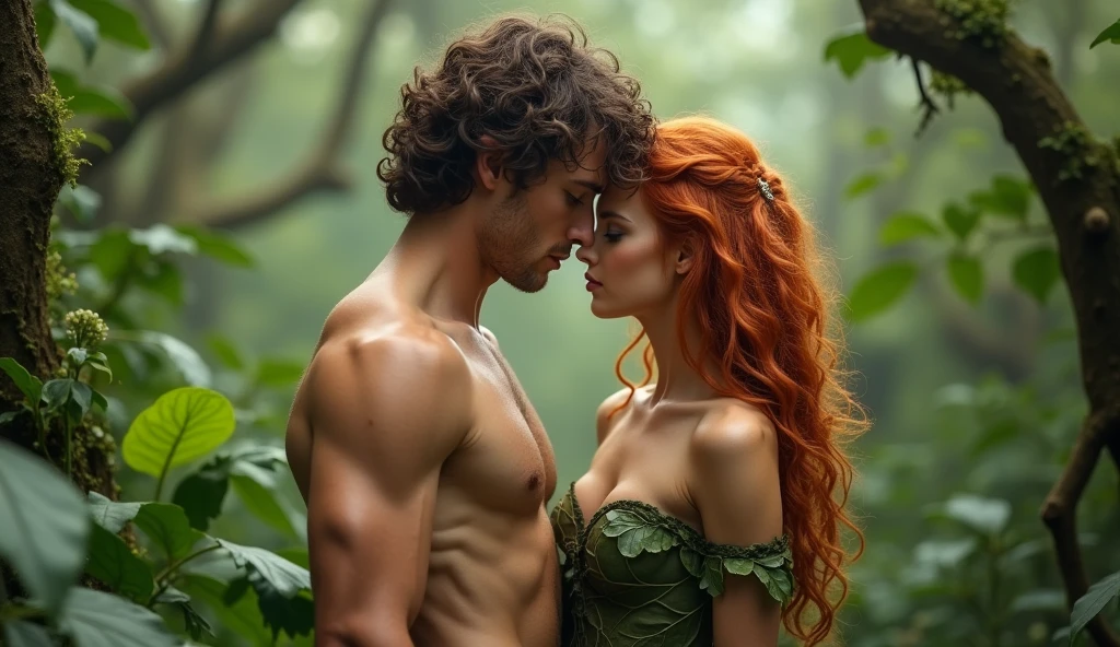 Adam and Eve together in the garden of Eden. Adam the man in his mid 20s, is a descendant of Aphrodite, ah inherited a certain beauty from him, The he looks very pale, with beautiful, slightly greenish hazel eyes, curly hair not so long, hazelnut brown but sometimes some reddish lights, the boy has a fit body, He is tall and very attractive, too handsome, He is and is in the garden of Eden, 32K UHD, extremely detailed, high definition, style raw and Eve in he garden of Eden, in a leaf attire, shoulders shown, beautiful woman with blue eyes, extremely detailed, High definition, 32K UHD, High resolution, Style Raw,