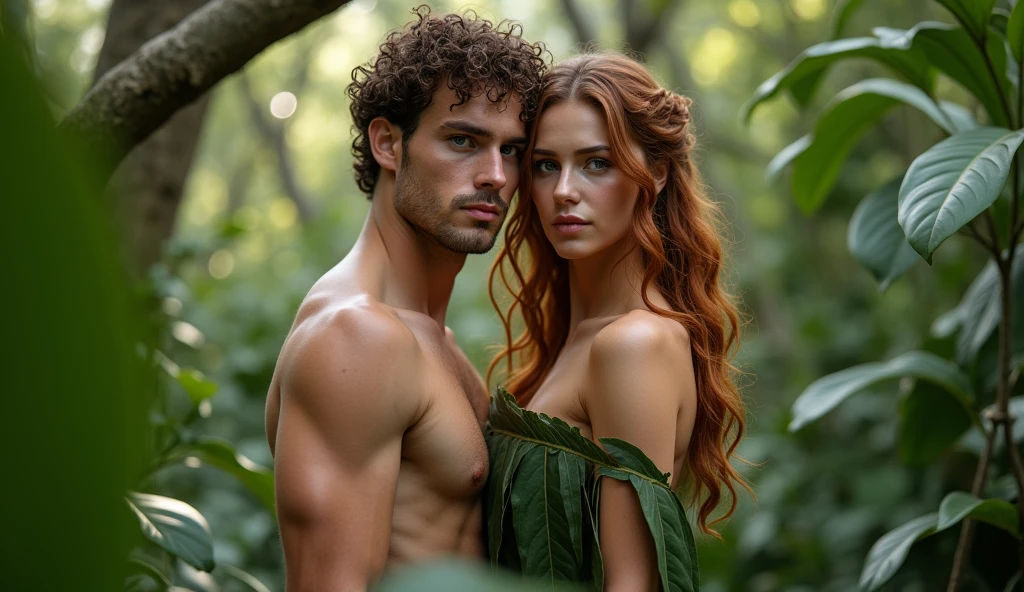 Adam and Eve together in the garden of Eden. Adam the man in his mid 20s, is a descendant of Aphrodite, ah inherited a certain beauty from him, The he looks very pale, with beautiful, slightly greenish hazel eyes, curly hair not so long, hazelnut brown but sometimes some reddish lights, the boy has a fit body, He is tall and very attractive, too handsome, He is and is in the garden of Eden, 32K UHD, extremely detailed, high definition, style raw and Eve in he garden of Eden, in a leaf attire, shoulders shown, beautiful woman with blue eyes, extremely detailed, High definition, 32K UHD, High resolution, Style Raw,