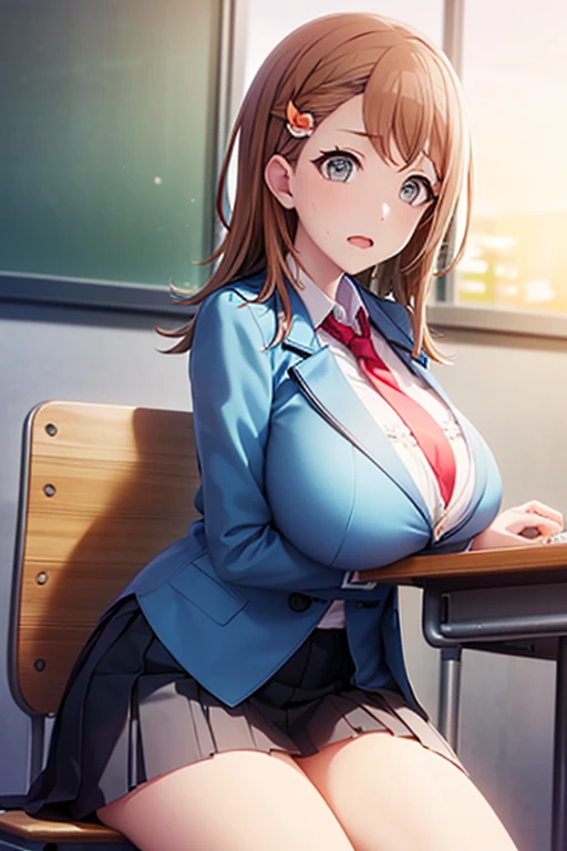 (Hanasato minori is spreading her legs wide open and showing her lace thong while sitting on a school chair and looking at the viewer: 1.6), 1 girl, hanasato minori, (super big tits and giant cleavage: 1.7), (black eyeliner: 1.3), (peach lip gloss: 1.4), (white sailor blouse: 1.4), (red tie: 1.4), (blue pleated skirt: 1.4), (black loafer: 1.4), (very embarassed flushed face: 1.5), (moaning with open mouth: 1.4), inside a classroom, sunset, near a windows with school courtyard landscape