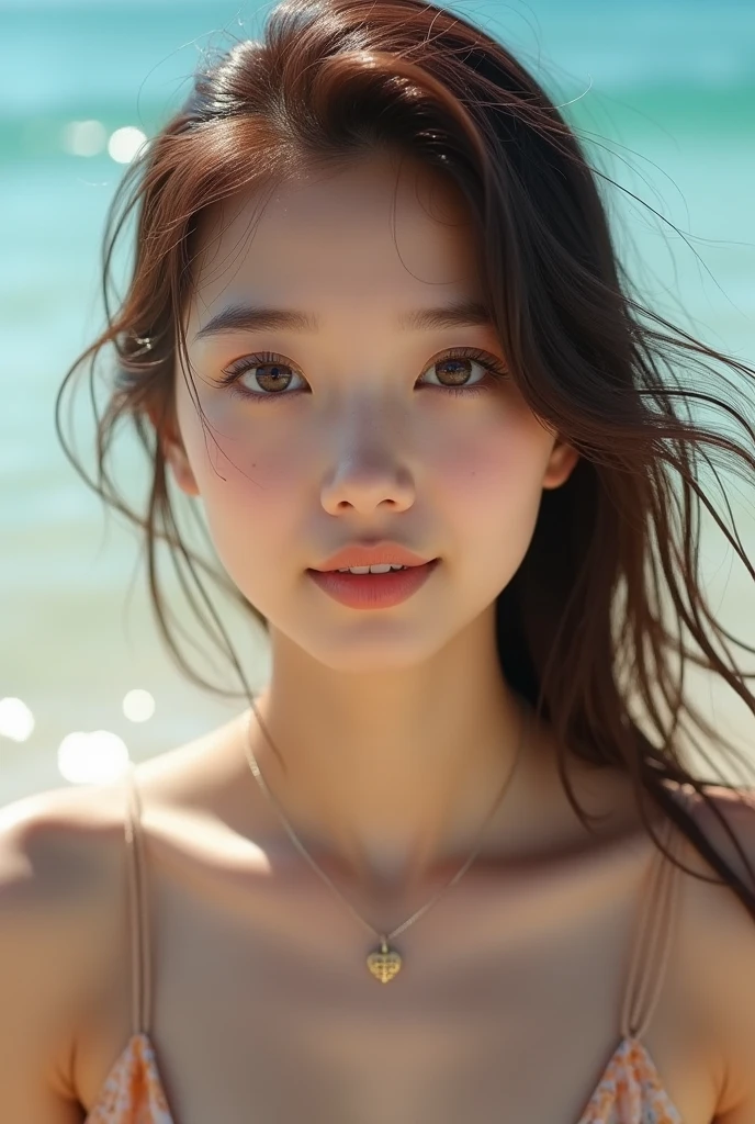 work of art、1. Beautiful Japan、so cute、beautiful fur、((Representation from the waist up:1.3))、(surreal)、(high resolution)、(8k)、(very detailled)、(Beautiful and beautiful eyes)、(very detailled)、ssmile、eyes large、eyes browns、long eyelashes、bright lighting、professional lighting、looking at the camera、Look ahead、long hair、chestnut hair、ocean、sandy beach、Idol Nogizaka、女優、20 years old、((neckleace:0.1))、Bikini、skin wet、、Realistic wet skin texture、hydrated lips、natural shadows、NUDE