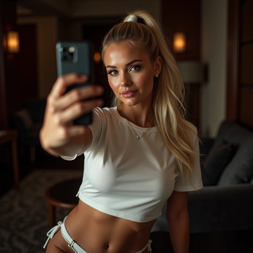 blonde Sexbombe , Ponytail hair, wear a large white T-shirt, sitting on an office desk in a hotel room and taking a close-up selfie at night