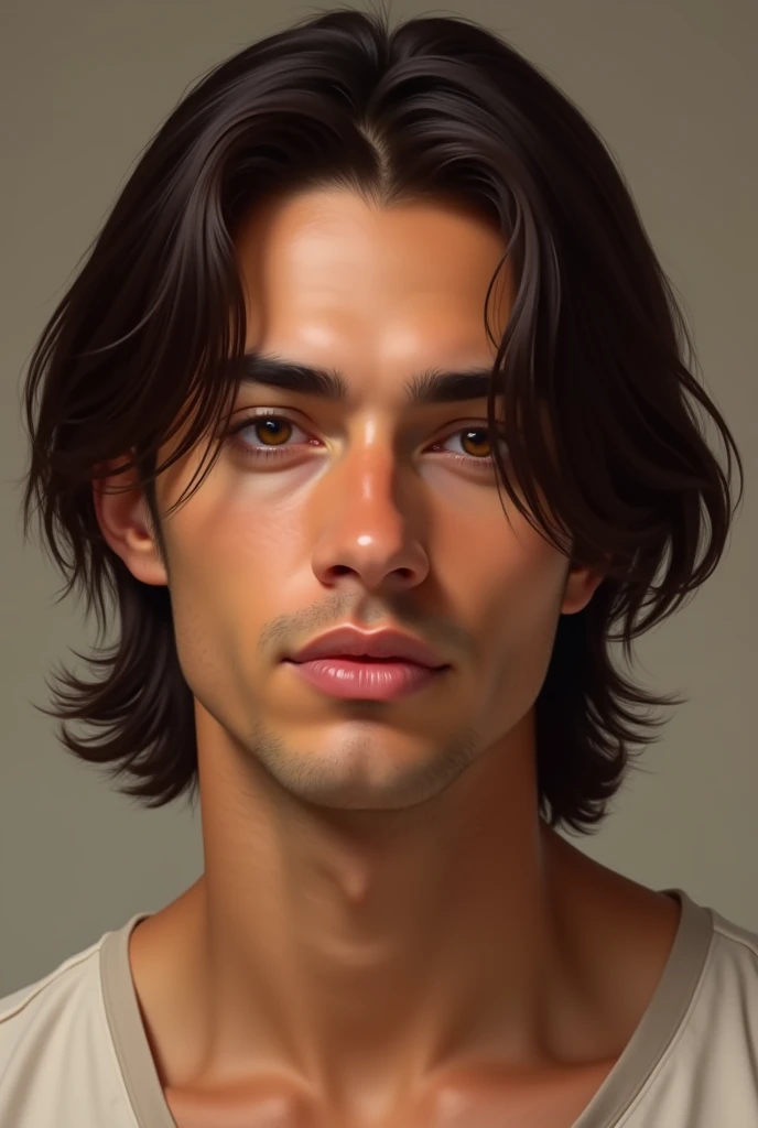 Man with black skin color in a lighter tone with chocolate colored hair straight hair
