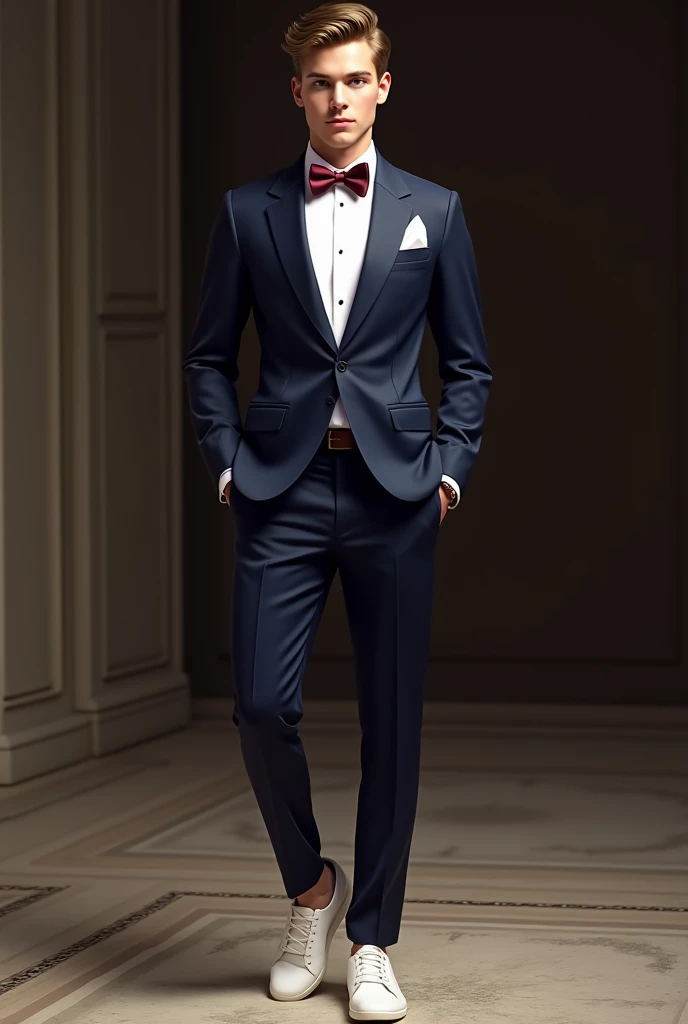 Navy blue prom suit and dress pants, white shirt and sneakers, marsala colored bow tie and a white handkerchief