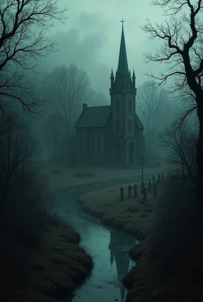 a view from above of a village with an old church,a cemetery and the forest around the village in dark theme