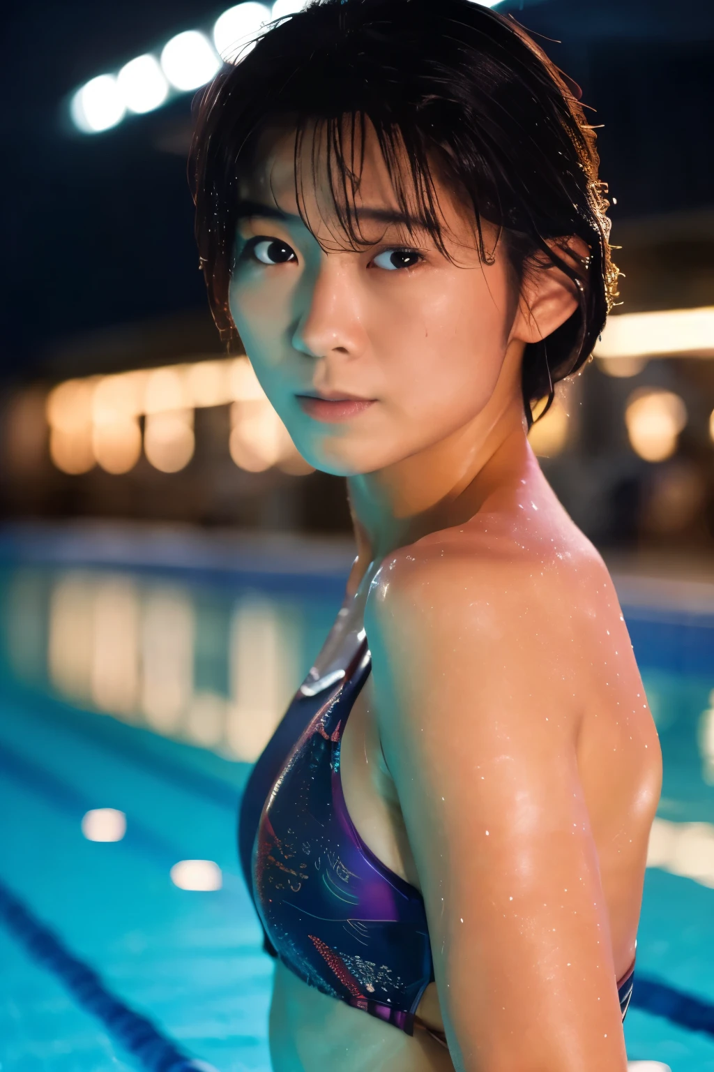 ((masterpiece, highest quality, Highest image quality, High resolution, photorealistic, Raw photo, 8K)), Swimming stadium at night, Japanese lady getting ready in the lights, wet bodies, detailed face, detailed eyes, upper body photo