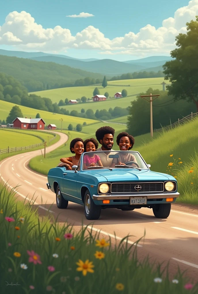 A black family driving in a car with father driving and mother at the passenger seat abd two girls at the back seat