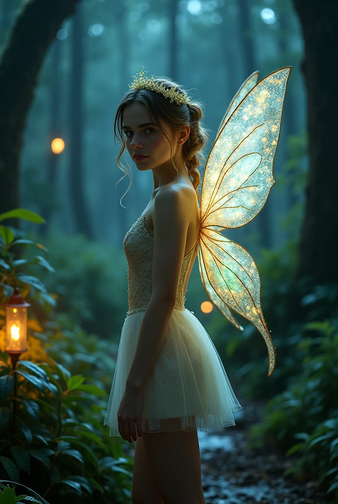 A beautiful teenager Emma Watson as a fairy in the night forest.. Her vibrant, youthful features create a striking juxtaposition of ethereal beauty... latex fairy tight dress, short dress, alas brillantes. dim lamps.