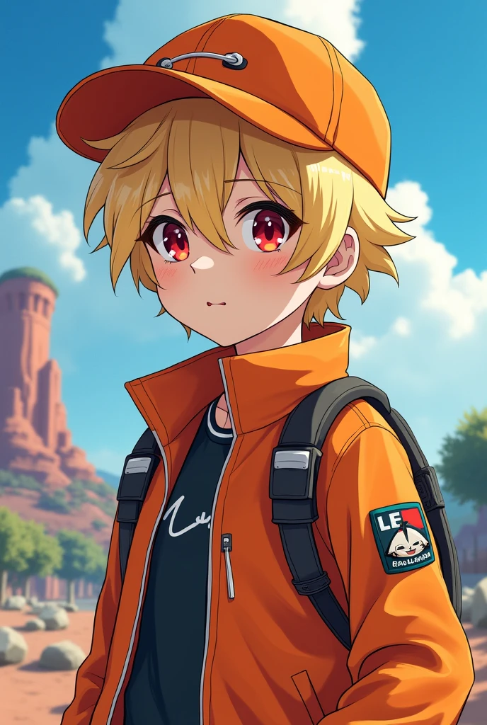 Blonde boy red eyes orange cap anime style ager