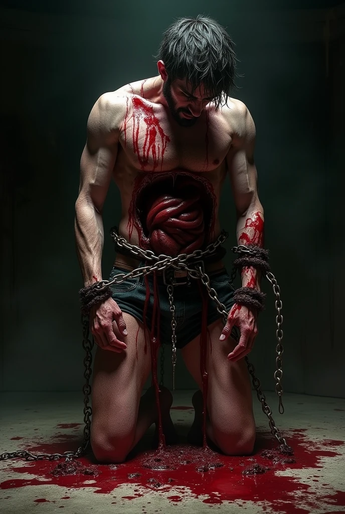 man tied in chains, with exposed organs, with a lot of blood on the floor, he is crying with his head down, the place is very dark