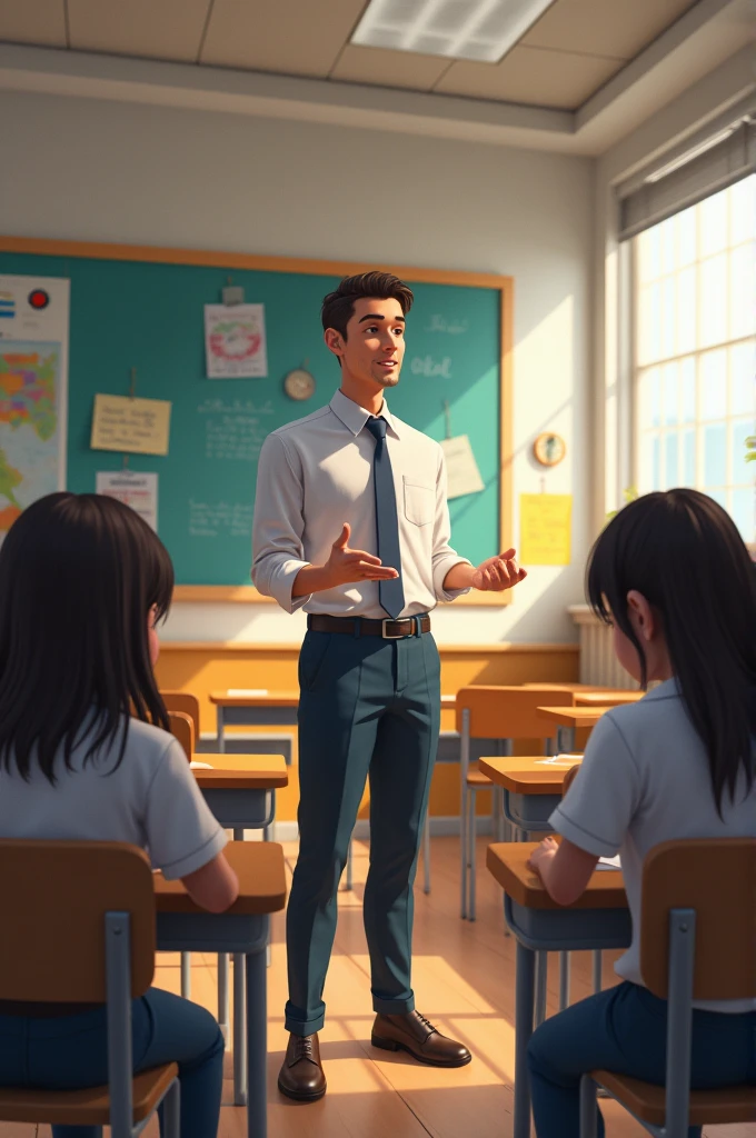 I want a teacher explaining a lesson and two girls in the back playing without paying attention.