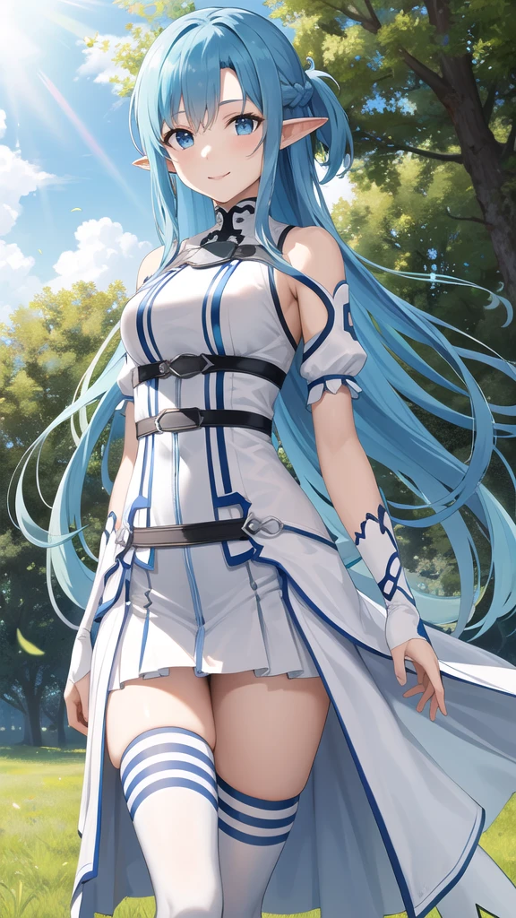 masterpiece, best quality, highres, bbasuna, long hair, blue hair, blue eyes, pointy ears, white dress, detached sleeves, blue thighhighs, standing, cowboy shot, outdoors, smile,