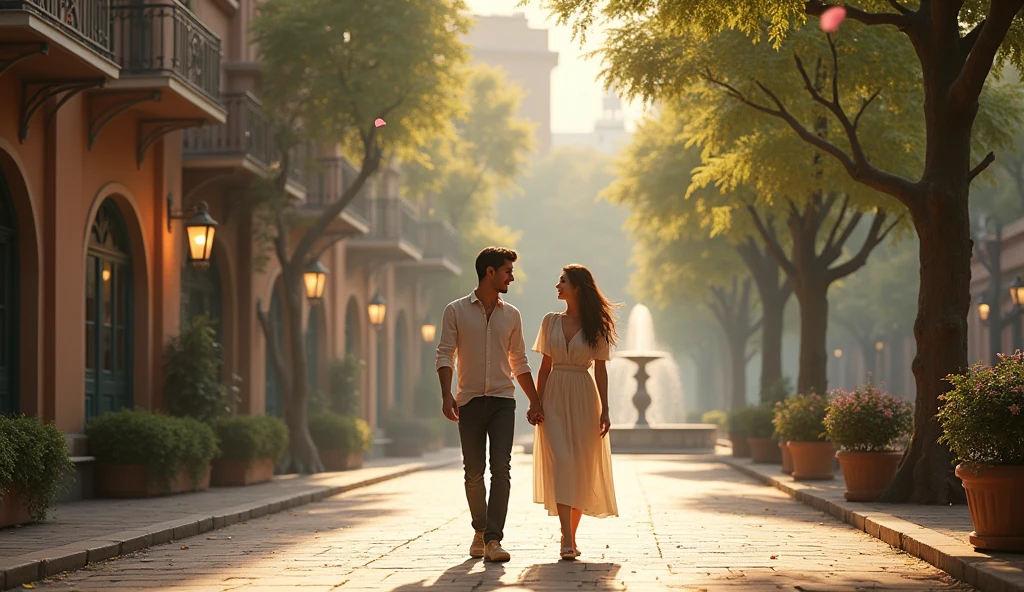 (photorealism:1.2), couple holding hands walking down a beautiful boulevard