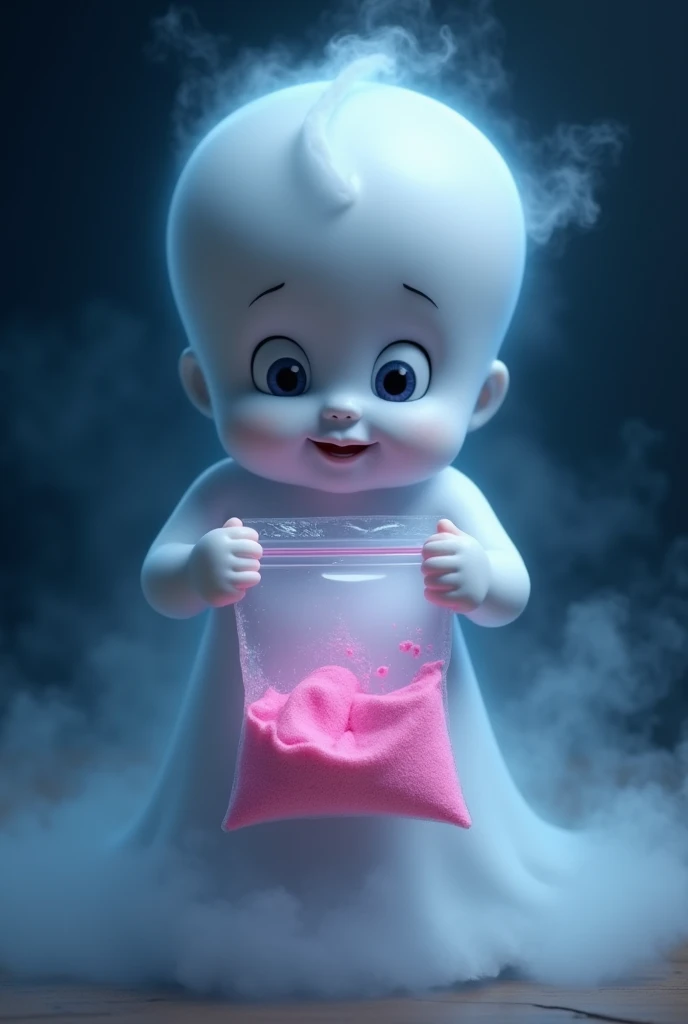 I need a picture of the ghost casper (that is identical to the movie and does not look cute), where he is holding a plastic bag that contains pink powder inside. The ghost should be semi transparent and the background dark blue, and that it has fog