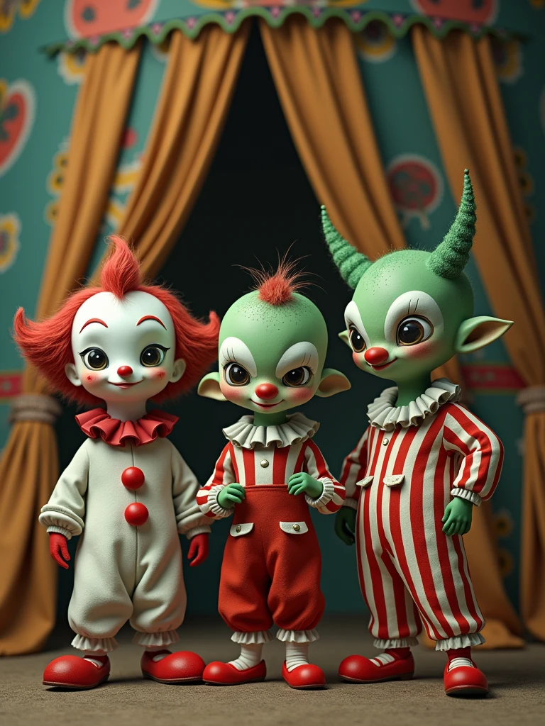 A photo of strange creatures, a mix of vintage clowns and Draags in the style of Rene Laloux. The vintage clowns have red and white striped suits, red noses, and white makeup on their faces. The Draags have green skin, large eyes, and wear white robes. They are standing in a circus tent with colorful patterns on the walls.