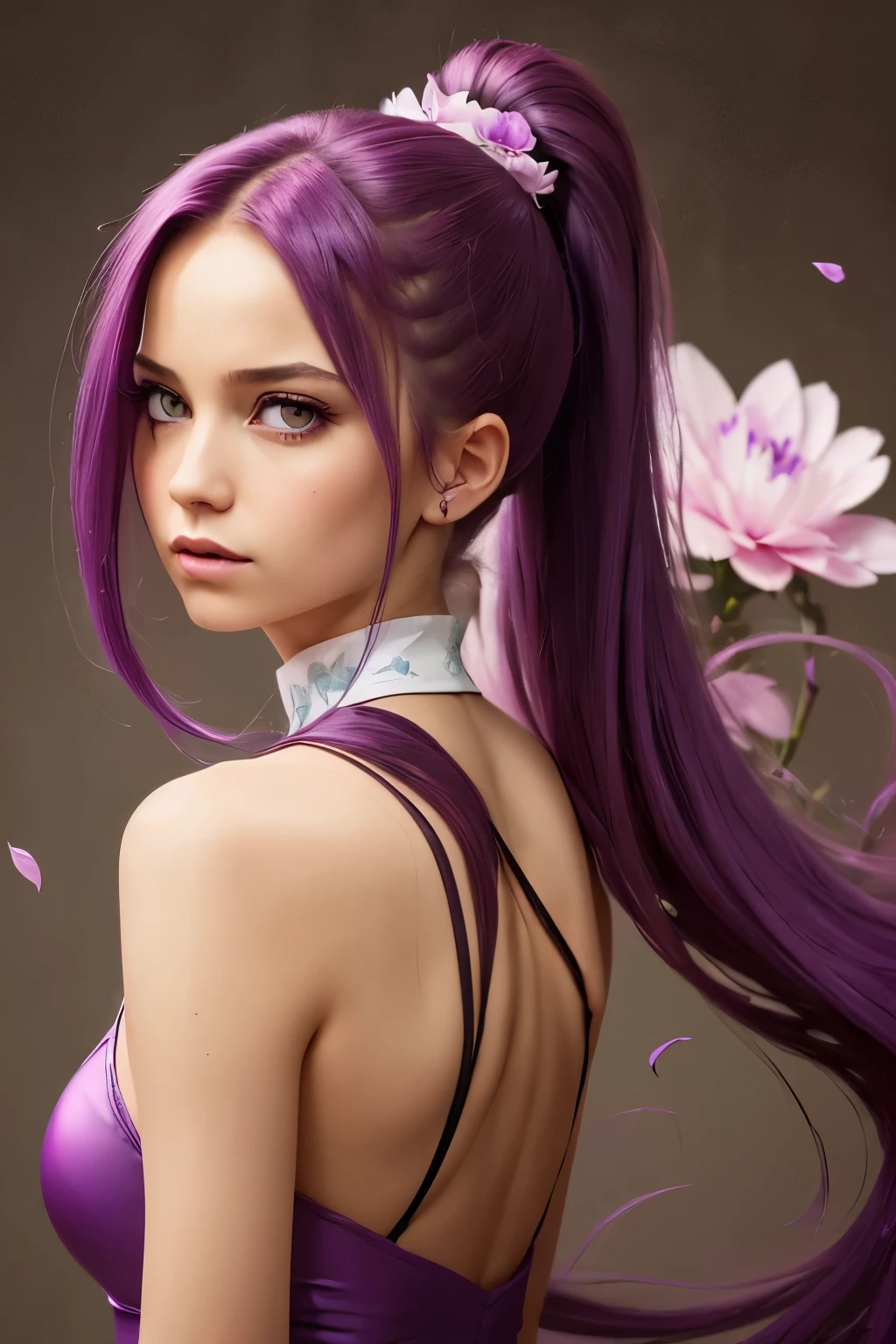 ((Masterpiece, Best Quality)), (Negative Space: 1.2), (1 Girl, Solo: 1.4), Petals, Pink Eyes, Dragon Girl, Long, Purple Hair, High Ponytail, Liquid Hair, Flowers, Dragon Background