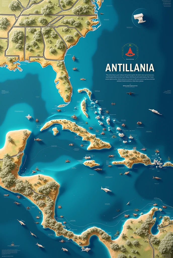 Create a map of the Antilles islands as a single developed state and call it Antillania and also be a highly developed country in technology, Fishing and livestock in the Antilles on the joint map that should only include are : (Monserrat, snows, Antigua, bermuda, marie galat, san cristobal, guadalupe). Name it Antillania in large letters with the islands mentioned that conform it with their names
