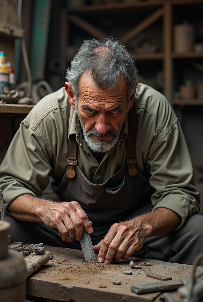 A Portrait of a Person Working: A photo of a craftsman in his workshop, with dirty hands and tools around. The image shows the working environment in detail, without omitting the fatigue or concentration on the person&#39;s face. Photography captures the authenticity of the scene.