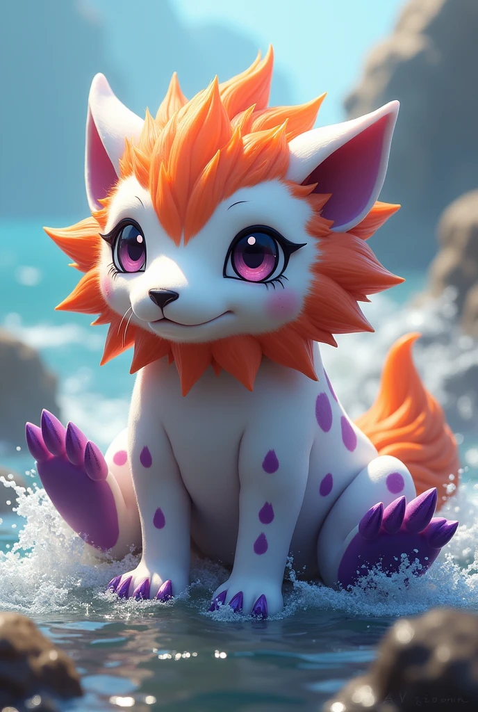 Digimon,Gomamon,small, white Sea lion with purple markings,an orange-red mane,and large claws