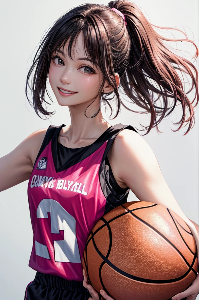 (((Highest quality、8k、32K、masterpiece)))、(Realistic)、(Realistic:1.2)、(High resolution)、Very detailed、Very beautiful face and eyes、1 person、Round and small face、Tight waist、Delicate body、(close、Highest quality、Attention to detail、Rich skin detail)、(Highest quality、8k、Oil paints:1.2)、Very detailed、(Realistic、Realistic:1.37)、Bright colors、(((Black Hair)))、(((Cowboy Shot)))、(((Medium Hair)))、(((Pure white wall background)))、(((Wearing a basketball uniform)))、(((black and pink basketball outfit)))、(((smile)))、(((1 female)))、(((Tank top style uniform)))、