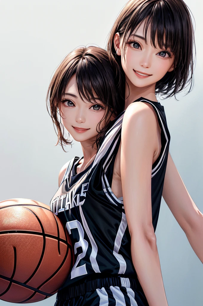 (((Highest quality、8k、32K、masterpiece)))、(Realistic)、(Realistic:1.2)、(High resolution)、Very detailed、Very beautiful face and eyes、1 person、Round and small face、Tight waist、Delicate body、(close、Highest quality、Attention to detail、Rich skin detail)、(Highest quality、8k、Oil paints:1.2)、Very detailed、(Realistic、Realistic:1.37)、Bright colors、(((Black Hair)))、(((Cowboy Shot)))、(((Medium Hair)))、(((Pure white wall background)))、(((Wearing a basketball uniform)))、(((black and pink basketball outfit)))、(((smile)))、(((1 female)))、(((Tank top style uniform)))、