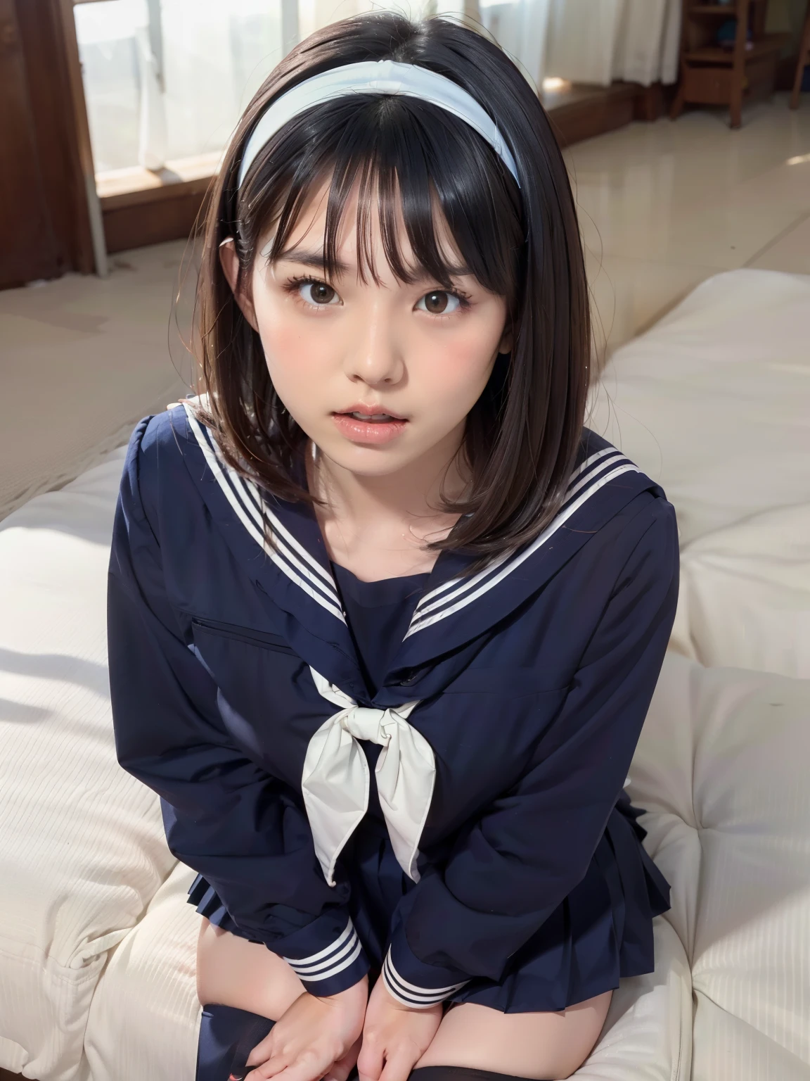 sailor suit, 8k, highest quality, masterpiece, Super detailed, ultra high resolution, realistic, RAW photo, absolute resolution, face is small compared to body, very small face, black hair, navy blue sailor uniform, Dark blue skirt, 3D rendering, realistic young school girl, ((white headband)), small breasts, expensive, slanted eyes, (school scenery), black stockings, open your mouth, bob cut, position looking down from above,