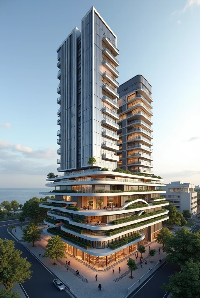 Create a realistic rendering of a modern building located in Mar del Plata, Argentina, where the César Pelli towers currently stand. The building features a commercial ground floor with various shops and cafes that blend into the cityscape. Above the commercial base, there are two distinct volumes: one is a sleek hotel with a vertical, elegant design, and the other is a residential building with a stepped, horizontal structure. The residential building has a terraced, cascading form with green terraces and wide balconies, emphasizing a connection to the coastal environment. Both structures contrast in shape but are unified by their contemporary architectural style